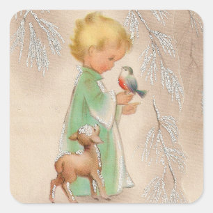 Frohe Weihnachten Retro Winter Kind Mit Freunden Quadratischer Aufkleber
