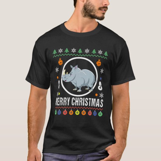 Frohe Weihnachten Rhino Ugly Sweater Xmas Strick T-Shirt (Vorderseite)