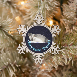 Frohe Weihnachten - Ringelrobbe Schneeflocken Zinn-Ornament