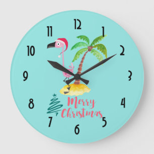 Frohe Weihnachten rosa Flamingo mit Palm Tree Große Wanduhr