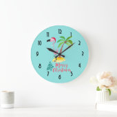 Frohe Weihnachten rosa Flamingo mit Palm Tree Große Wanduhr (Zuhause)
