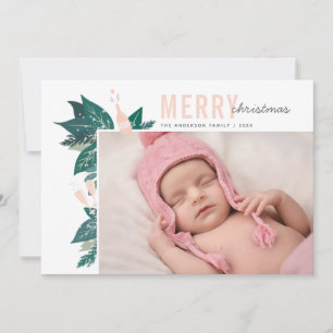 Frohe Weihnachten. Rosa und grüne Blütenpflanze Feiertagskarte