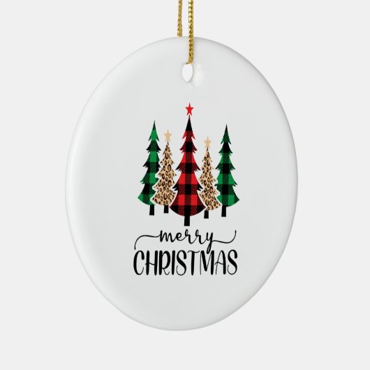 Frohe Weihnachten Rot Grün Karierte Bäume Keramik Ornament (Rechts)