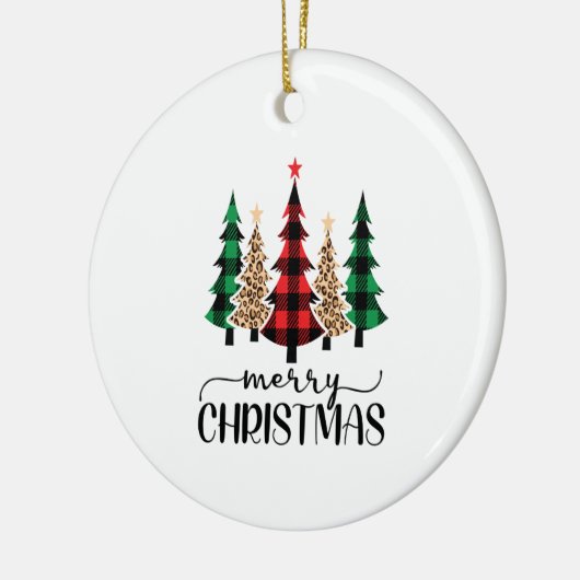 Frohe Weihnachten Rot Grün Karierte Bäume Keramik Ornament (Links)