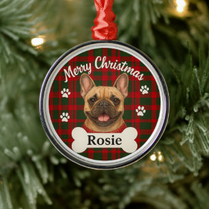 Frohe Weihnachten Rot & Grün Karo Französische Bul Ornament Aus Metall