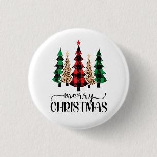 Frohe Weihnachten Rot Grün Schwarz Karierte Bäume  Button