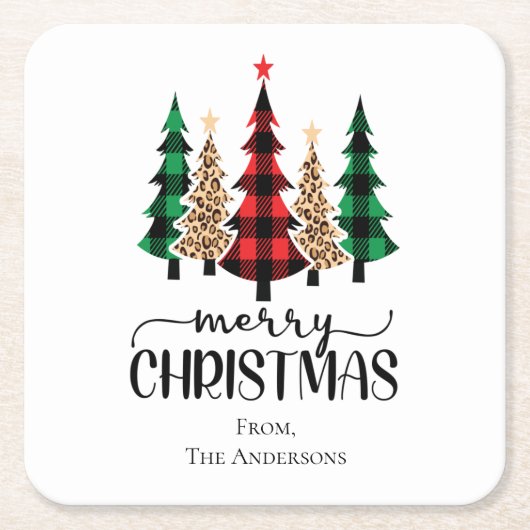 Frohe Weihnachten Rot Grün und Schwarz Karierte Bä Rechteckiger Pappuntersetzer (Vorderseite)
