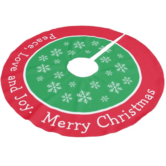 Frohe Weihnachten Rot und Grün Schneeflocke Polyester Weihnachtsbaumdecke (Schrägansicht)