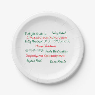 Frohe Weihnachten Rot und Grün Text viele Sprachen Pappteller