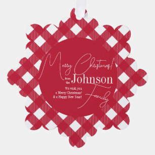 Frohe Weihnachten Rot und Weißes Buffalo Kariert Ornament Karte