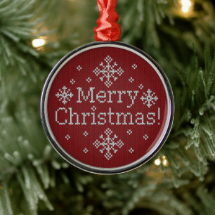 Frohe Weihnachten Rot & Weiß Imitate Strick Ornament Aus Metall