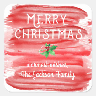 Frohe Weihnachten Rote Aquarell-Stechpalme Custom Quadratischer Aufkleber