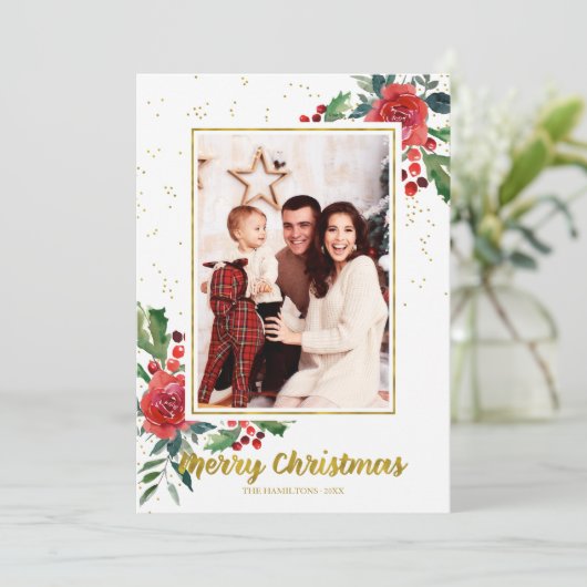 Frohe Weihnachten Rote Blume Urlaub Foto Einladung (Stehend Vorderseite)