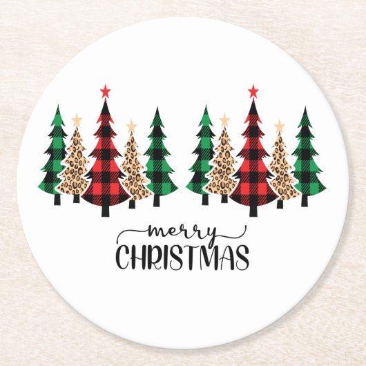 Frohe Weihnachten Rote Grüne Karierte Bäume Runder Pappuntersetzer (Vorderseite)
