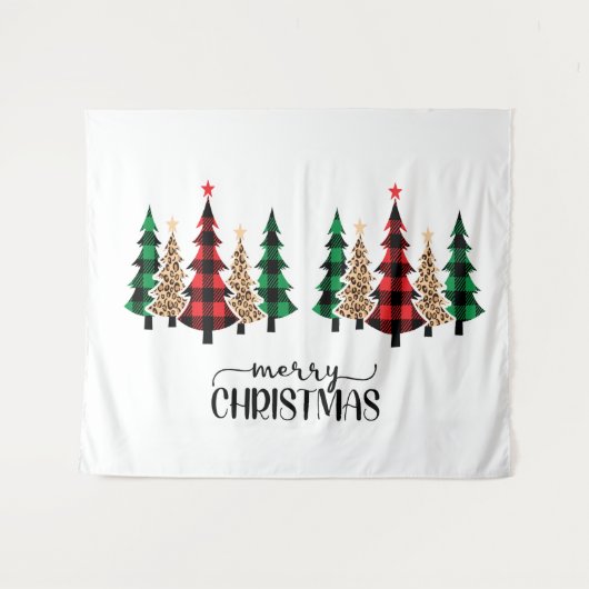 Frohe Weihnachten Rote Grüne Karierte Bäume Wandteppich (Vorderseite (Horizontal))