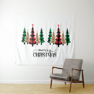 Frohe Weihnachten Rote Grüne Karierte Bäume Wandteppich