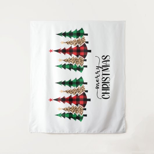 Frohe Weihnachten Rote Grüne Karierte Bäume Wandteppich (Vorderseite)