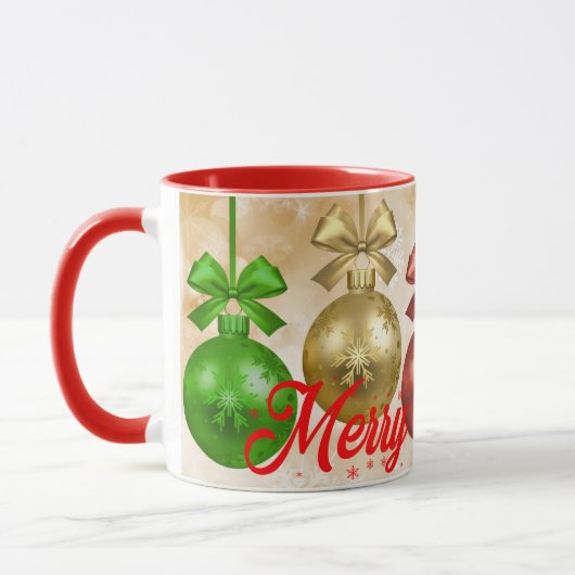 Frohe Weihnachten Rote Grüne Ornamente Schneeflock Tasse (Links)