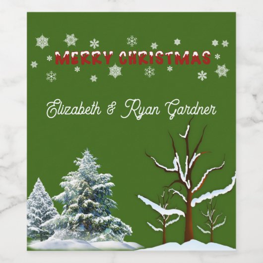 Frohe Weihnachten Rote Grüne Pinienbäume Schneeflo Weinetikett (Einzelnes Label)