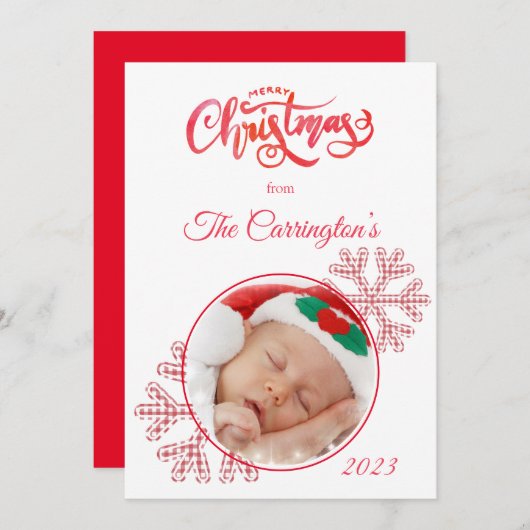 Frohe Weihnachten Rote Karierte Schneeflocken Foto (Vorne/Hinten)