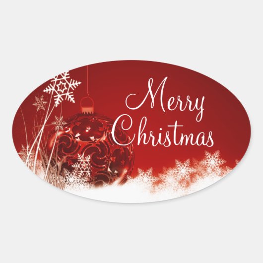 Frohe Weihnachten Rote Ornament Snowflake Oval Sie Ovaler Aufkleber (Vorderseite)
