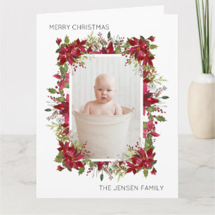 Frohe Weihnachten Rote Poinsettien Grün Weiß Karte
