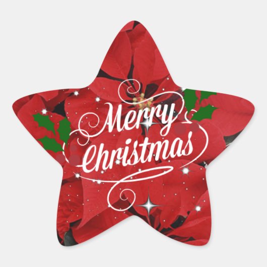 Frohe Weihnachten, rote Poinsettien, Stern-Aufkleber (Vorderseite)