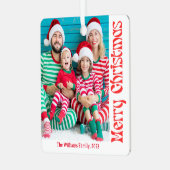 frohe Weihnachten Rote Retro-Kalligrafie 2 Fotos Ornament Aus Metall (Vorderseite links)