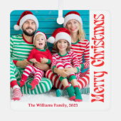 frohe Weihnachten Rote Retro-Kalligrafie 2 Fotos Ornament Aus Metall (Vorderseite)