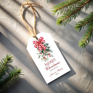 Frohe Weihnachten rote Schleife Kiefern rustikal Geschenkanhänger