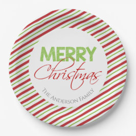 Frohe Weihnachten | Rote und grüne Streifen Pappteller