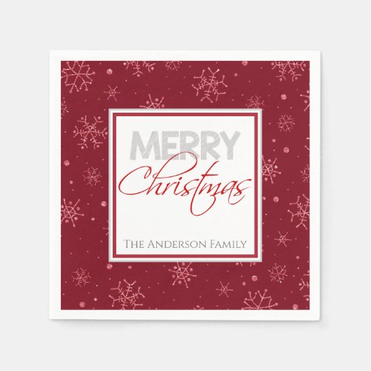 Frohe Weihnachten | Rote und weiße Schneeflocken P Serviette (Vorderseite)