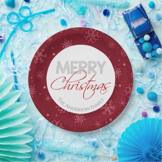 Frohe Weihnachten | Rote und weiße Schneeflocken Pappteller (Party)
