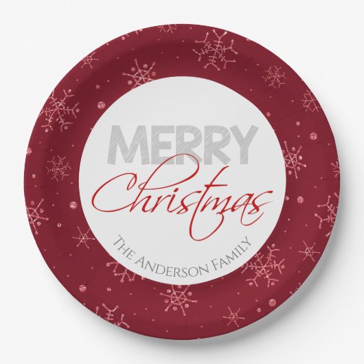 Frohe Weihnachten | Rote und weiße Schneeflocken Pappteller (Vorderseite)