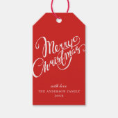 Frohe Weihnachten. Rote und weiße Skripte Geschenkanhänger (Vorderseite)