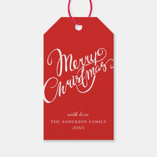 Frohe Weihnachten. Rote und weiße Skripte Geschenkanhänger (Vorderseite)