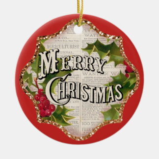 Frohe Weihnachten Rote Vintage Imitats Sparkle Hol Keramik Ornament