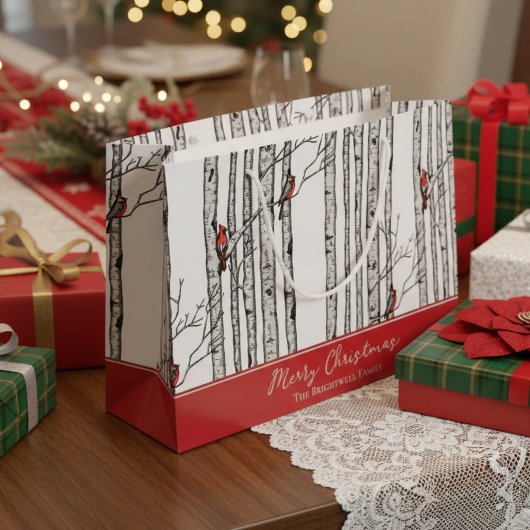 Frohe Weihnachten Roter Kardinal Bird & Birch Tree Große Geschenktüte