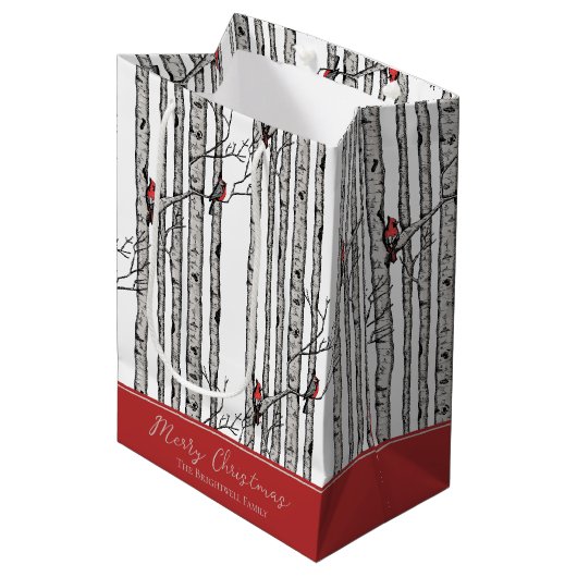 Frohe Weihnachten Roter Kardinal Bird & Birch Tree Mittlere Geschenktüte (Vorderseite Schrägansicht)