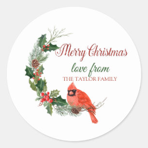 Frohe Weihnachten, Roter Kardinal Vogel Stechpalme Runder Aufkleber