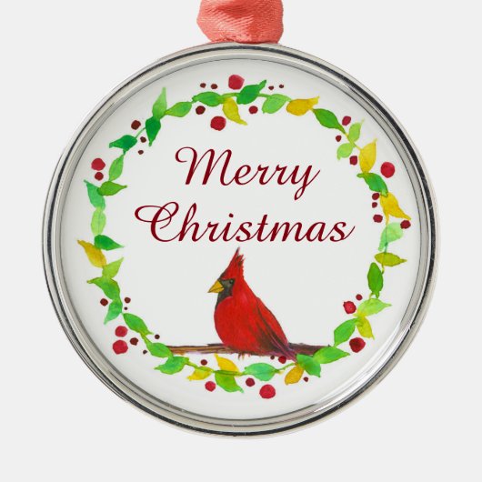 Frohe Weihnachten Roter Kardinal Wasserfarbe Silbernes Ornament (Vorne)