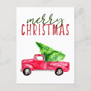 Frohe Weihnachten Roter LKW Baum Wasserfarbe Einfa
