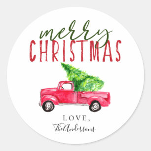 Frohe Weihnachten Roter LKW Kiefernbaum Wasserfarb Runder Aufkleber