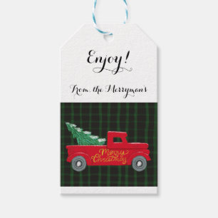 Frohe Weihnachten, roter LKW mit Weihnachtsbaum Geschenkanhänger