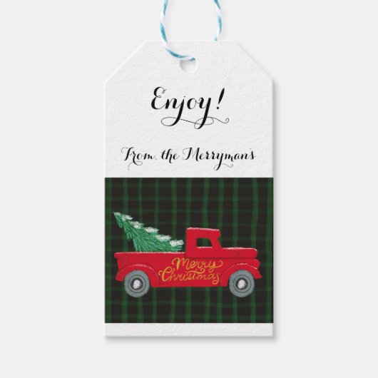 Frohe Weihnachten, roter LKW mit Weihnachtsbaum Geschenkanhänger (Vorderseite)