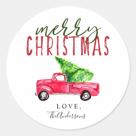 Frohe Weihnachten Roter LKW Pine Tree Wasserfarbe Runder Aufkleber (Vorderseite)