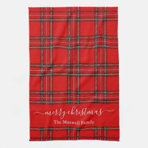 Frohe Weihnachten roter Tartan-Karo-Schriftname Geschirrtuch