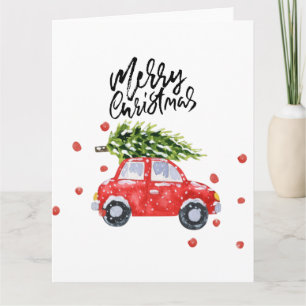 Frohe Weihnachten rotes Auto mit Weihnachtsbaum   Karte
