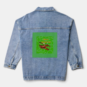 Frohe Weihnachten Rotes Doppeldeckerflugzeug auf g Jeansjacke