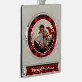 Frohe Weihnachten Rotes Kariertes Foto Weihnachten Banner-Ornament Silber (Rechts)